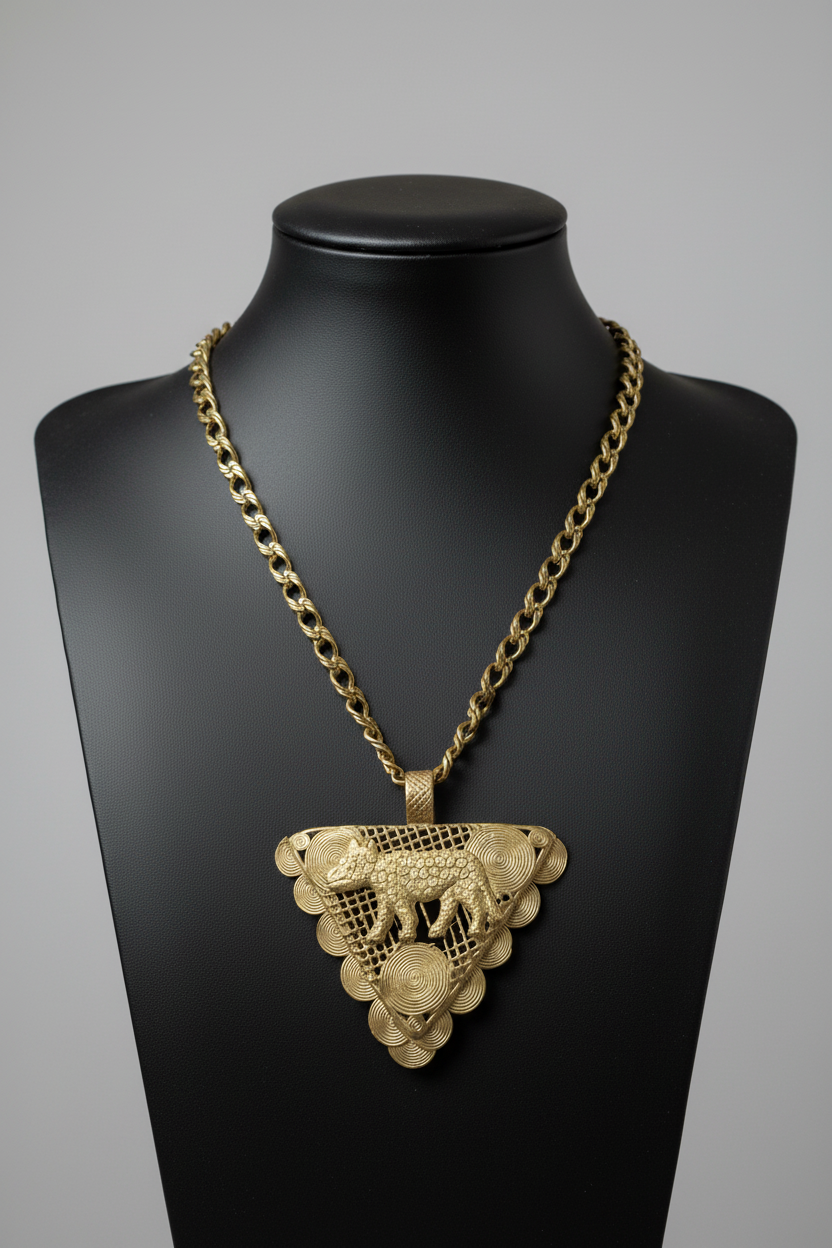 African Brass Leopard Pendant with Adinkrahene Symbol – Ghana