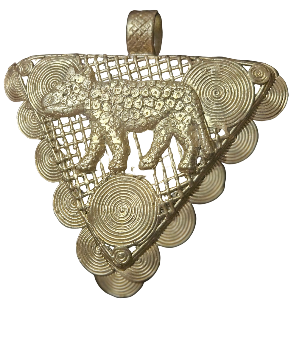 African Brass Leopard Pendant with Adinkrahene Symbol – Ghana