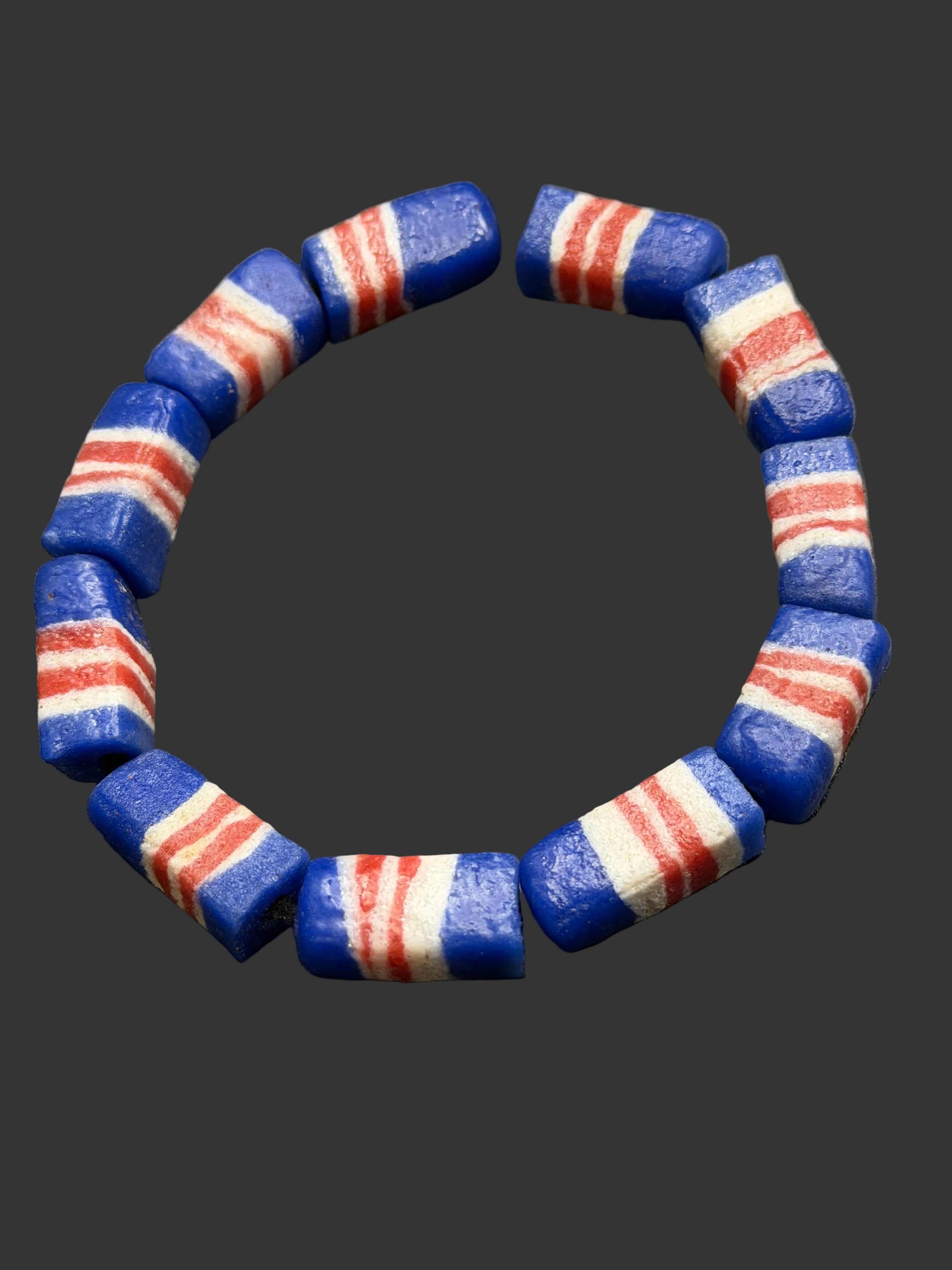 Krobo Powdered Glass Beads | Red White & Blue Long Cube Beads | Handcrafted Recycled Glass Beads from Ghana