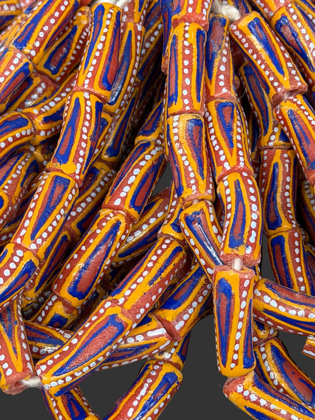 Painted Krobo Glass Beads | Orange Blue Long Tube Recycled Glass Beads | Handcrafted Ghana Artisan Beads