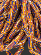 Painted Krobo Glass Beads | Orange Blue Long Tube Recycled Glass Beads | Handcrafted Ghana Artisan Beads