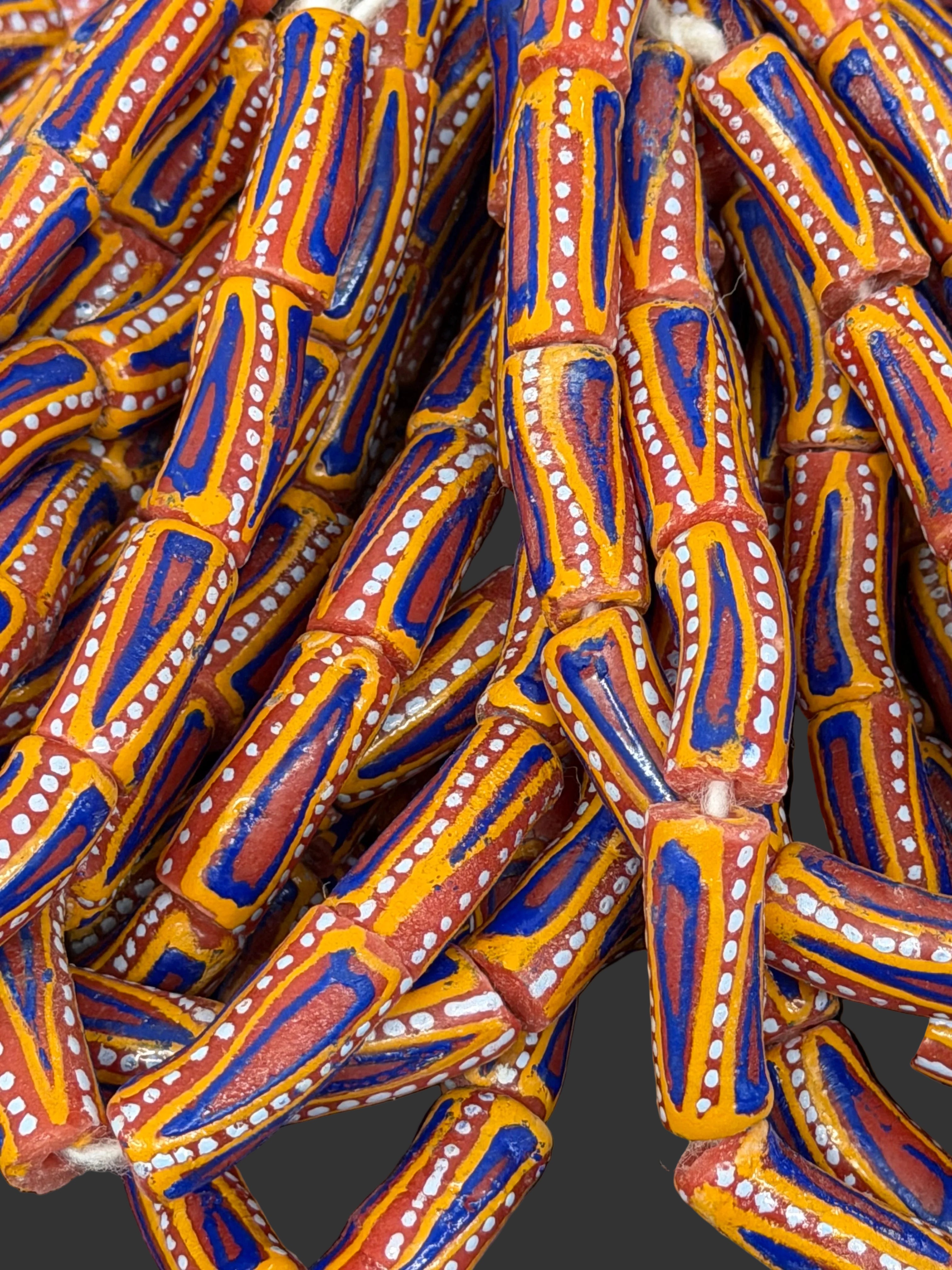 Painted Krobo Glass Beads | Orange Blue Long Tube Recycled Glass Beads | Handcrafted Ghana Artisan Beads