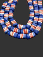 Krobo Powdered Glass Beads | Red White & Blue Long Cube Beads | Handcrafted Recycled Glass Beads from Ghana