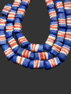 Krobo Powdered Glass Beads | Red White & Blue Long Cube Beads | Handcrafted Recycled Glass Beads from Ghana