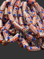 Painted Krobo Glass Beads | Red White & Blue Long Tube Beads | Handcrafted Ghana Recycled Glass Beads