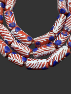 Painted Krobo Glass Beads | Red White & Blue Long Tube Beads | Handcrafted Ghana Recycled Glass Beads