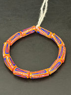 Painted Krobo Glass Beads | Orange Blue Long Tube Recycled Glass Beads | Handcrafted Ghana Artisan Beads