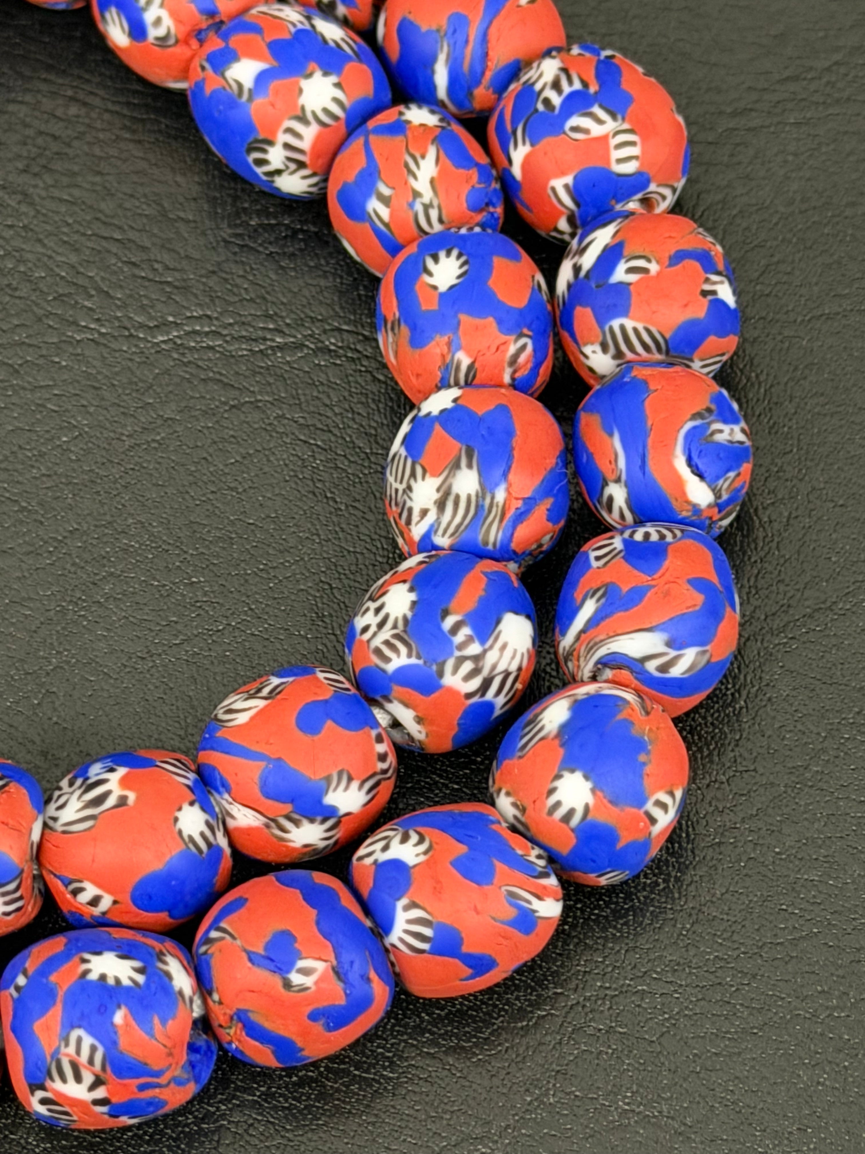 Fused Krobo Glass Beads | Red White Blue Artisan Recycled Glass Beads | Handcrafted Ghana Statement Beads