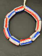 Freedom Stripe Krobo Glass Beads | Red White & Blue Long Tube Beads | Handcrafted Ghana Recycled Glass Beads