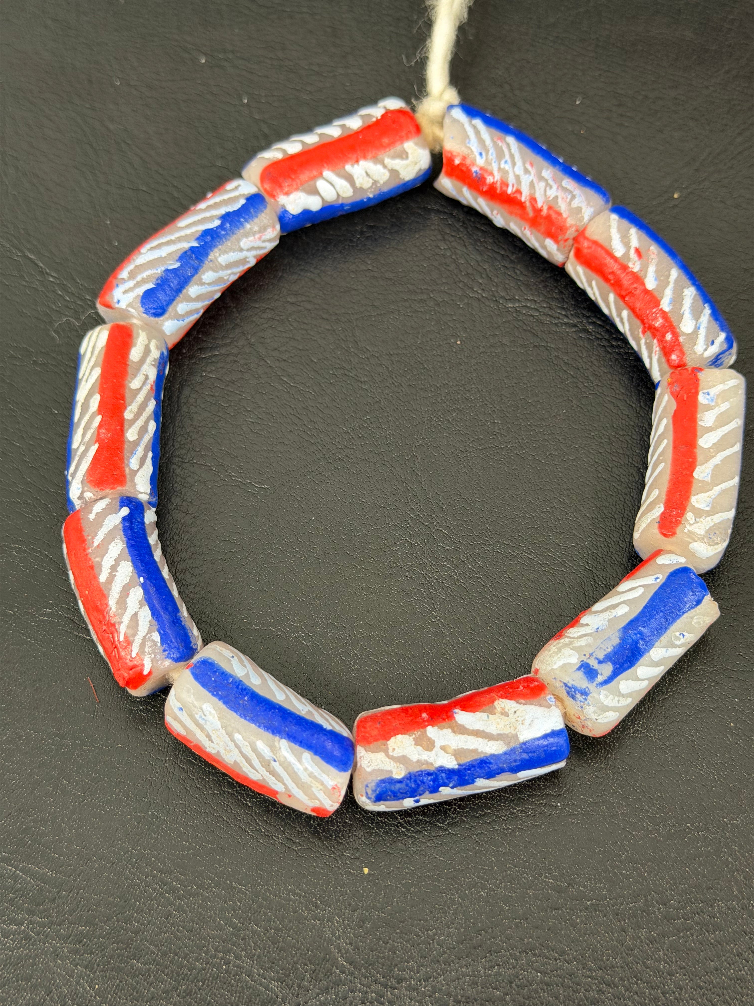 Freedom Stripe Krobo Glass Beads | Red White & Blue Long Tube Beads | Handcrafted Ghana Recycled Glass Beads