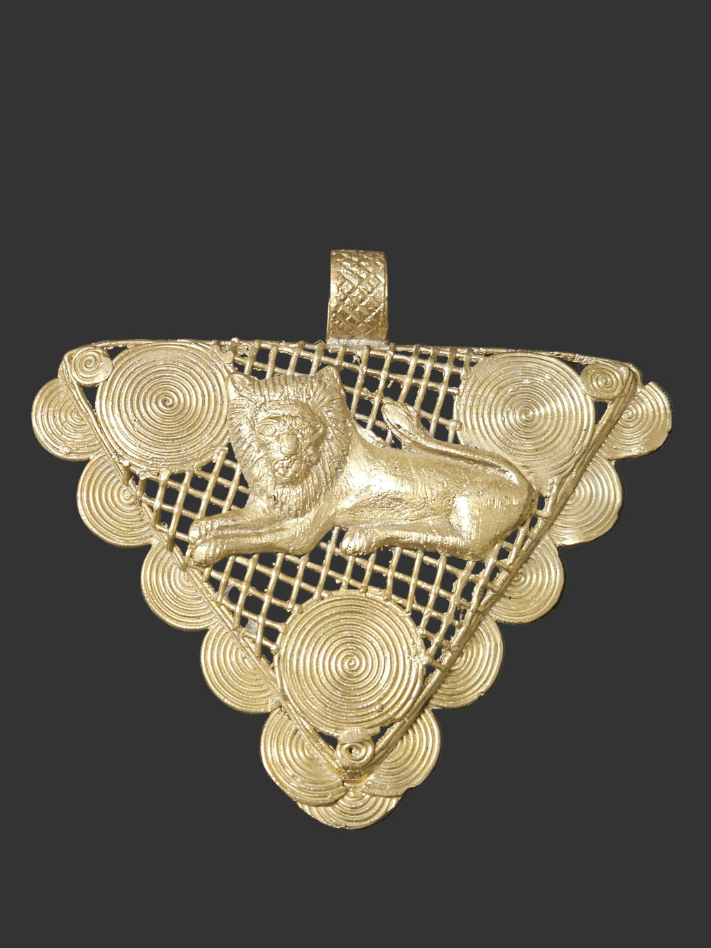Oversized Ghana brass lion pendant shown for scale with triangular framework