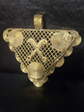 Oversized Akofena Adinkra brass pendant from Ghana with crossed swords, open lattice design, spiral discs, and large bail.