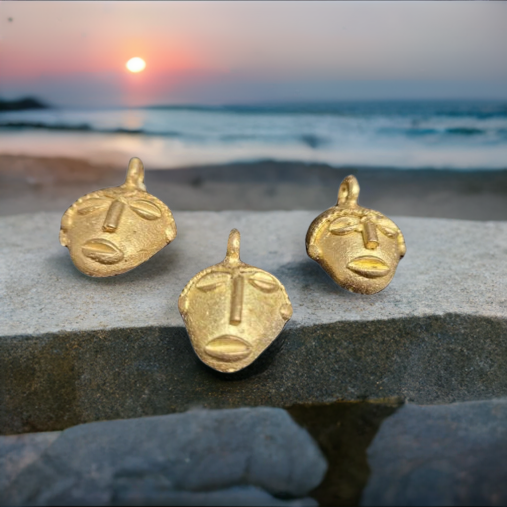 3 African brass pendant, small tribal mask pendant, Ghana Ashanti brass pendants - Aadampo