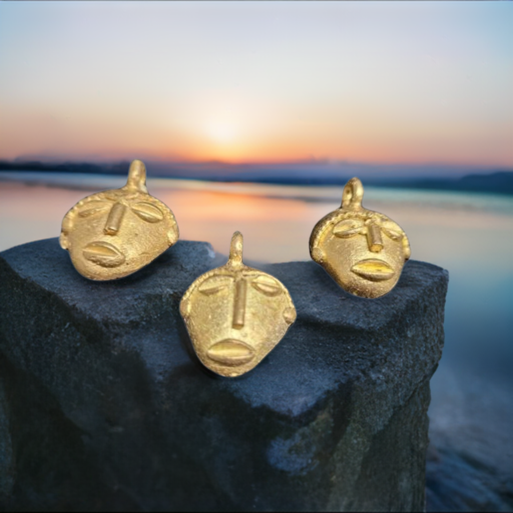 3 African brass pendant, small tribal mask pendant, Ghana Ashanti brass pendants - Aadampo