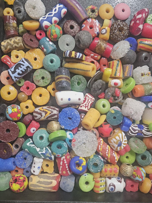 African Krobo Beads Soup Mix – 1 Cup (160+ Ghanaian Recycled Glass Beads, Tribal Patterns, 1lb)