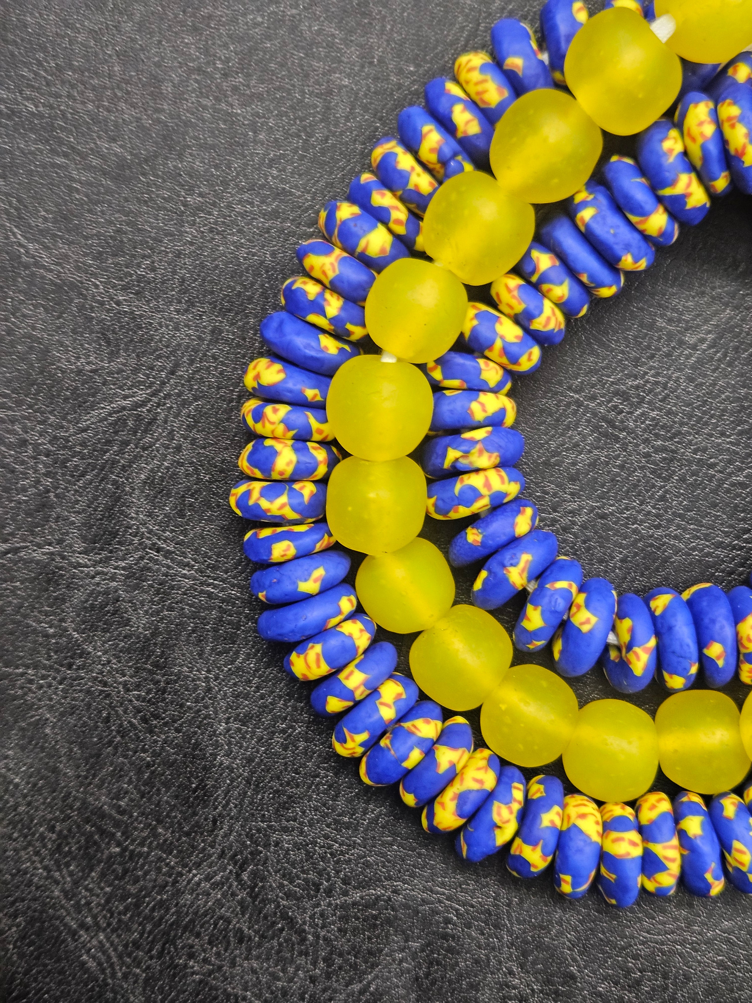 Royal Blue Hand-Painted Krobo Rondelle Glass Beads & Sunshine Yellow Pocket Glass Beads | Handmade in Ghana