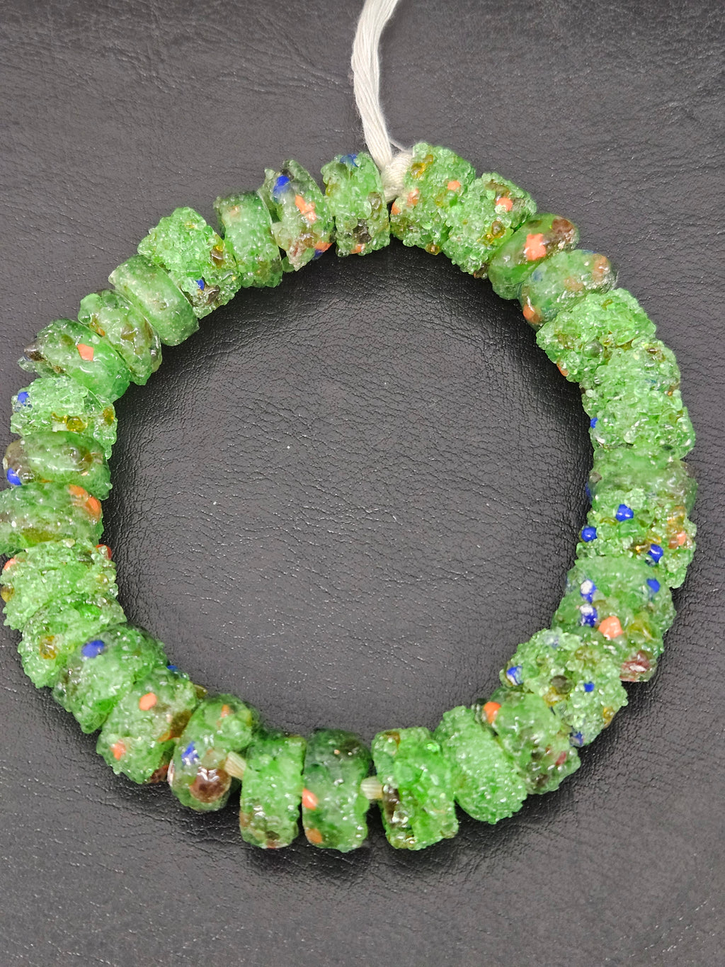 Green Confetti Krobo Sugar Glass Short Tube Beads | Handcrafted Recycled Glass Beads from Ghana | Approx. 32 Beads Per Strand