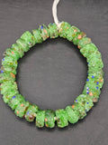 Green Confetti Krobo Sugar Glass Short Tube Beads | Handcrafted Recycled Glass Beads from Ghana | Approx. 32 Beads Per Strand