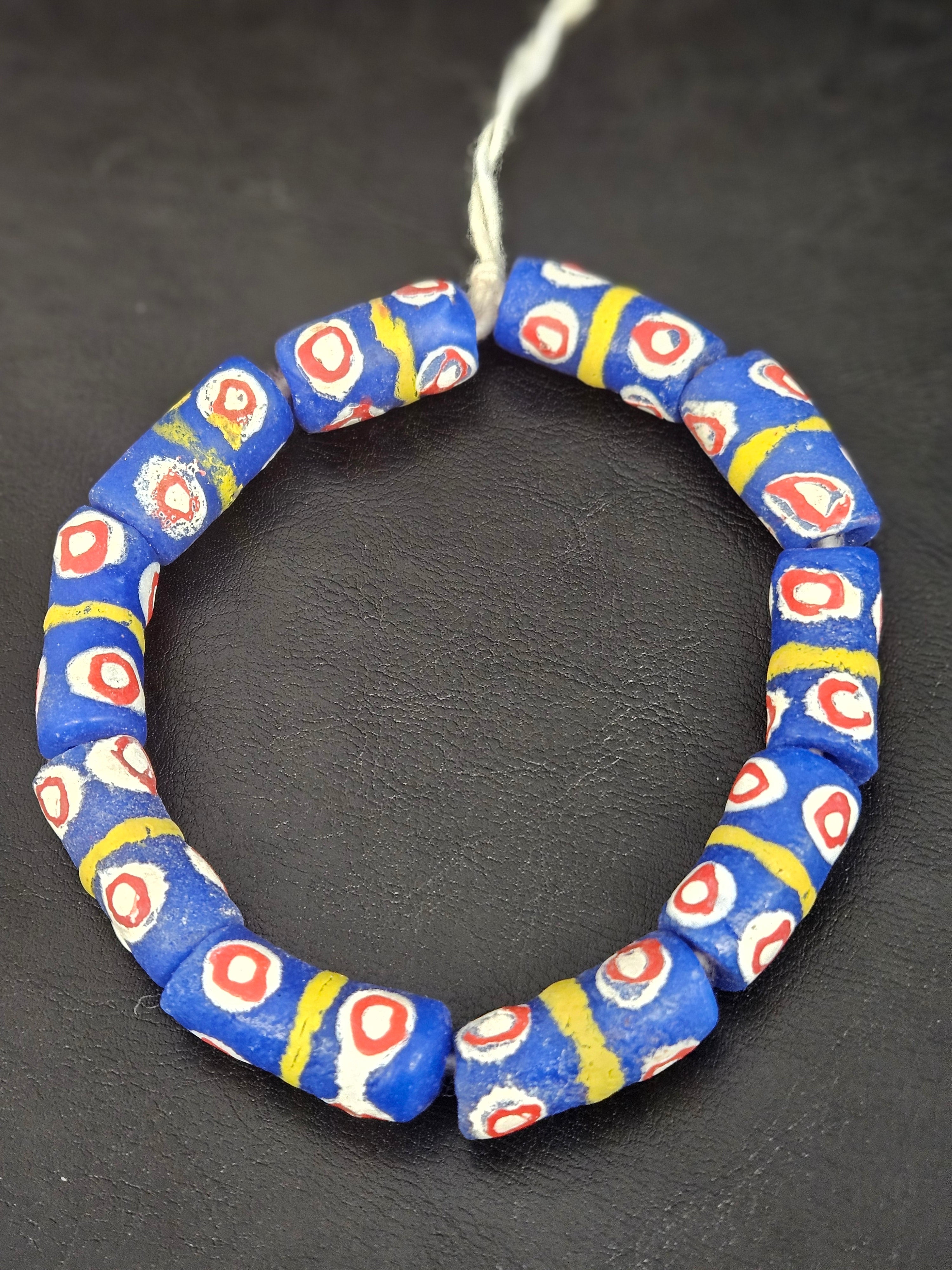 Royal Blue Krobo Painted Glass Tube Beads with Hand-Painted Eye Motifs | Ghana Recycled Glass Beads
