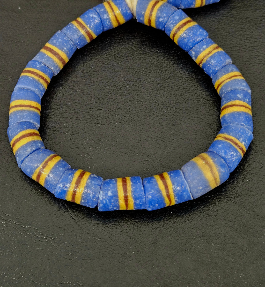 Blue Striped Krobo Kente Glass Beads | Handcrafted Powdered Glass Beads from Ghana | Approx. 17 Beads