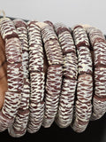 Handcrafted Krobo Painted Recycled Glass Beads – African Brown Tube Beads with Cream Zigzag Patterns (17–18mm × 28–30mm)