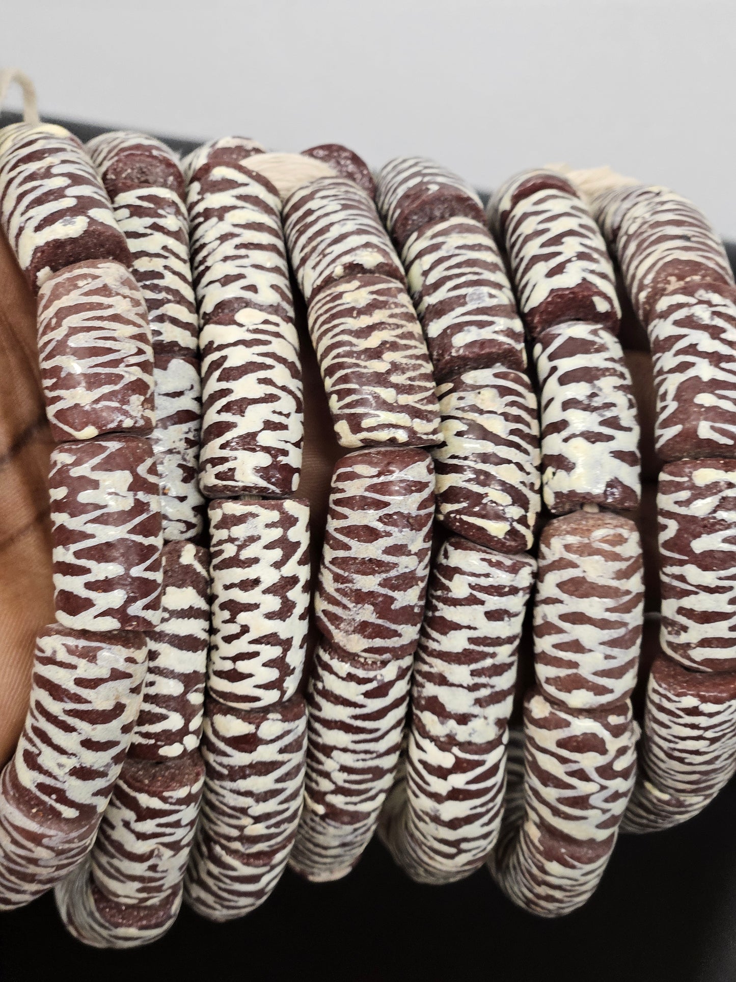 Handcrafted Krobo Painted Recycled Glass Beads – African Brown Tube Beads with Cream Zigzag Patterns (17–18mm × 28–30mm)