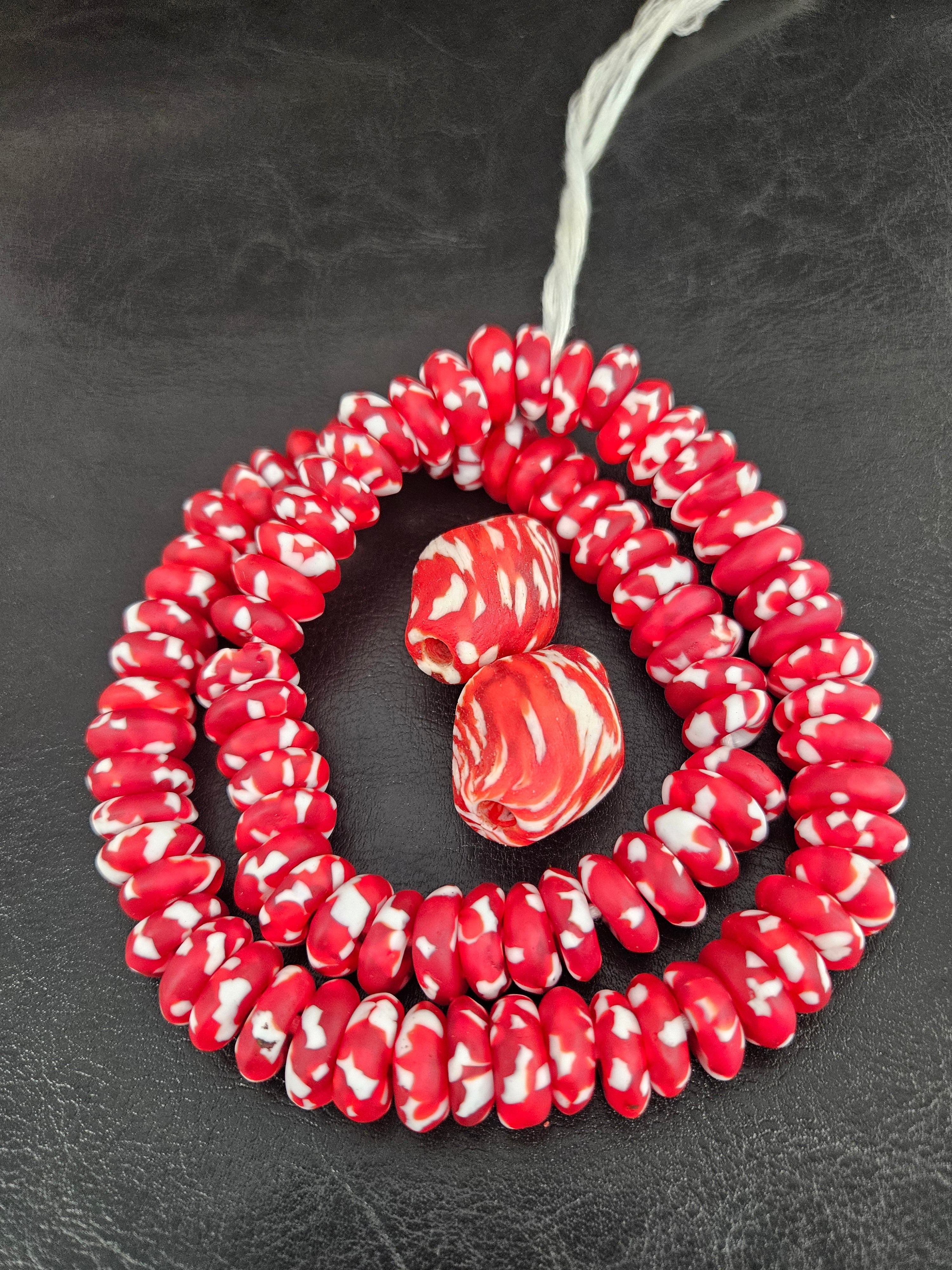 Red African Beads Bundle – Krobo Glass Rondelles + Bicone Focals