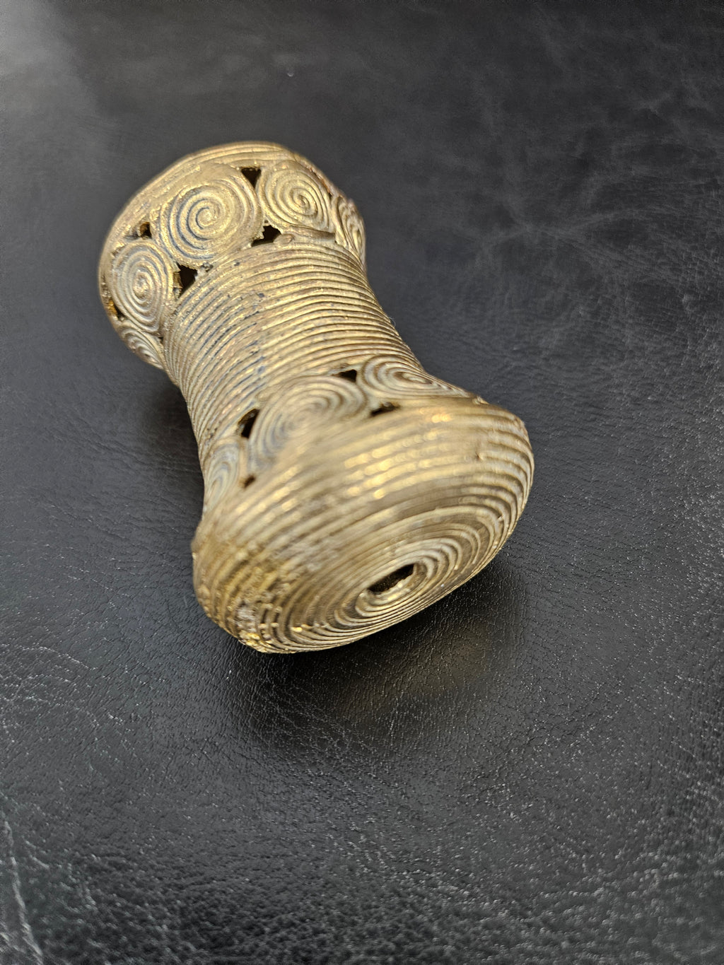 Oversized Ashanti Brass Talking Drum Bead — Spiral Medallion Openwork