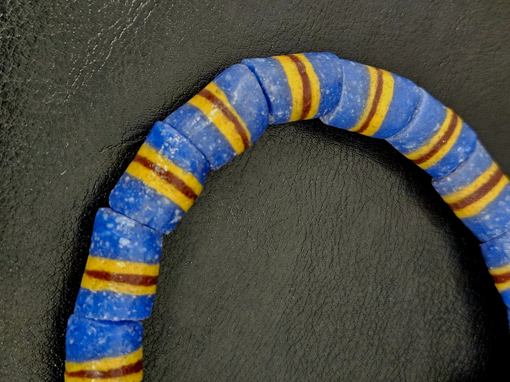 Blue Striped Krobo Kente Glass Beads | Handcrafted Powdered Glass Beads from Ghana | Approx. 17 Beads