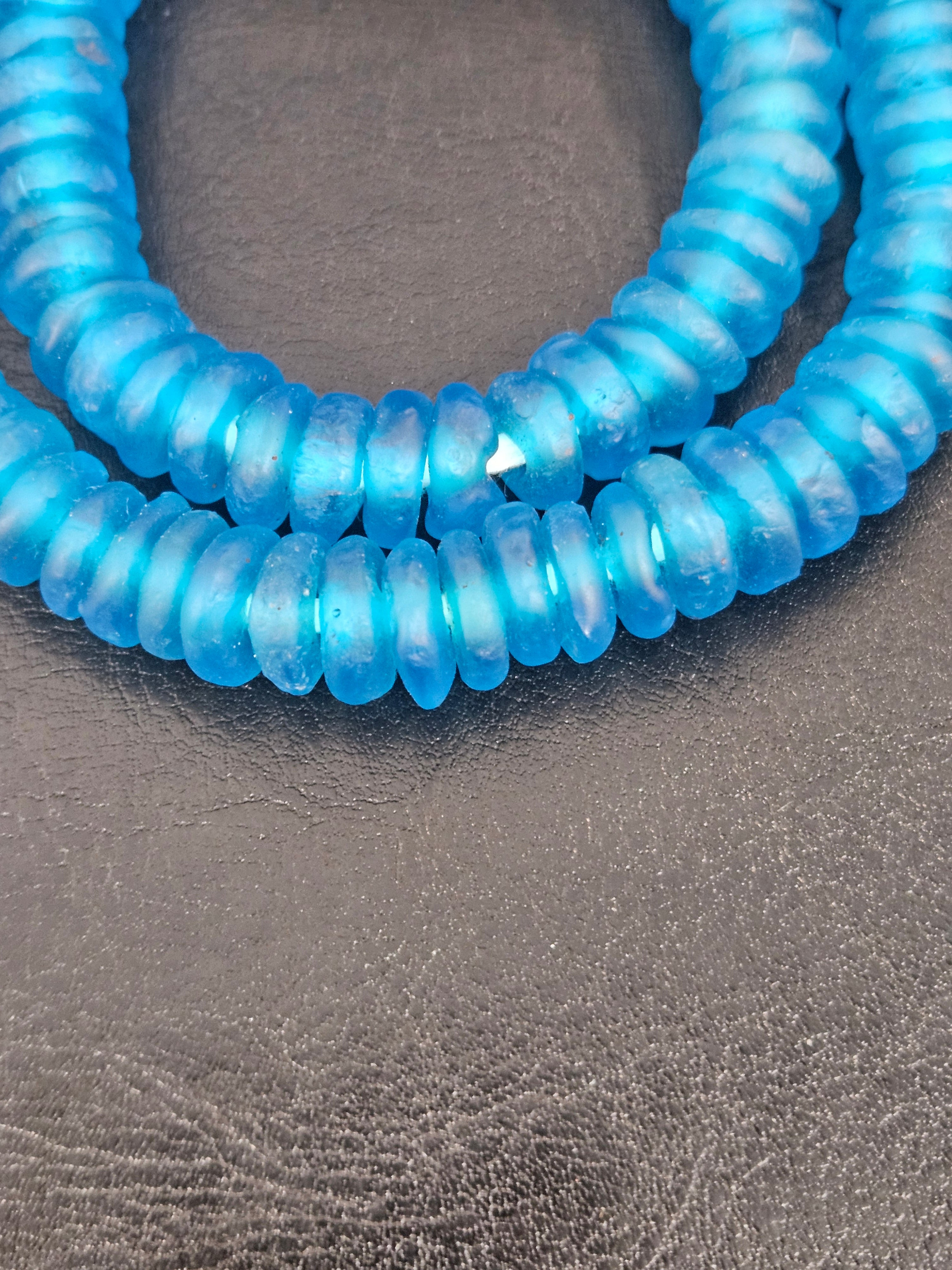Authentic Bright Aqua Krobo Translucent Recycled Glass Rondelle Beads | Handmade in Ghana