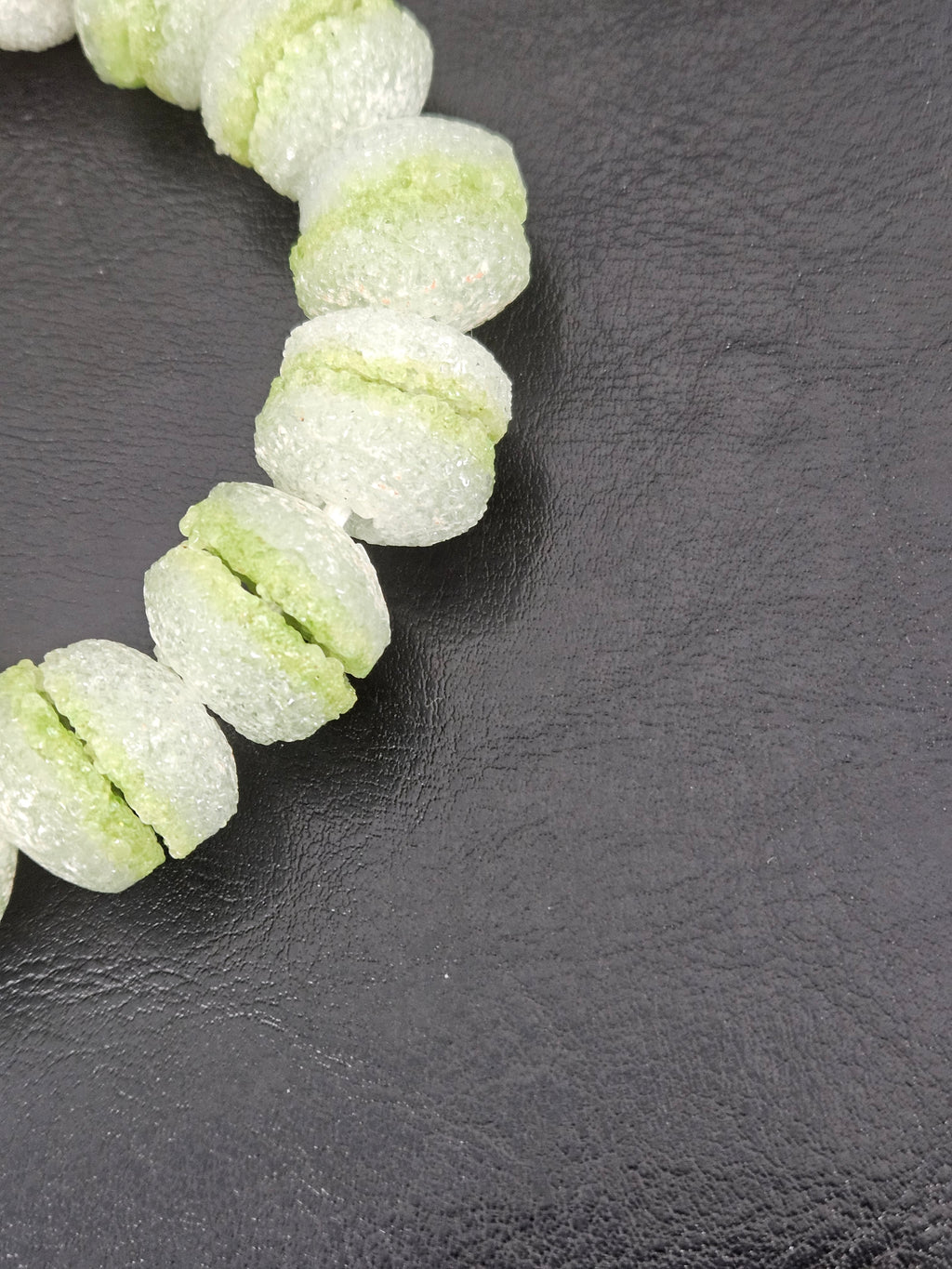 Lime Green & White Krobo Sugar Glass Rondelle Beads | Handcrafted Recycled Glass Beads from Ghana | Approx. 30 Beads Per Strand