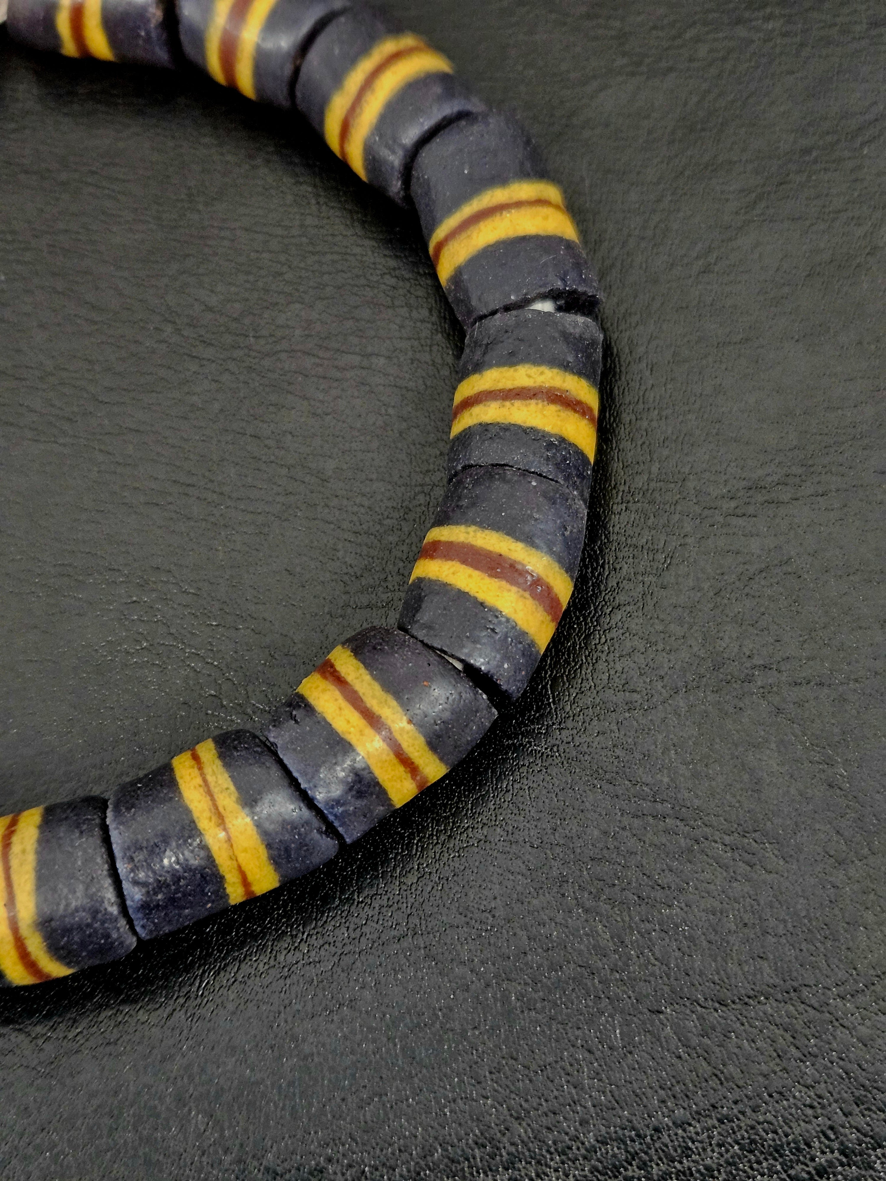 Black Striped Krobo Kente Glass Beads | Handcrafted Powdered Glass Beads from Ghana | Approx. 17 Beads