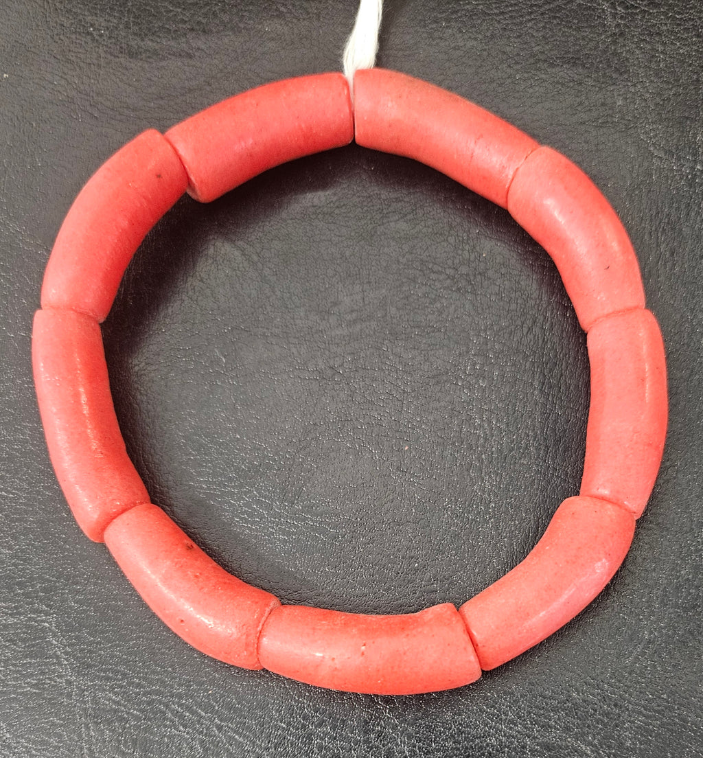 Coral Red Krobo Powdered Glass Tube Beads • Handmade Recycled Glass • Ghana • Large Hole • 10–12 × 24–30 mm