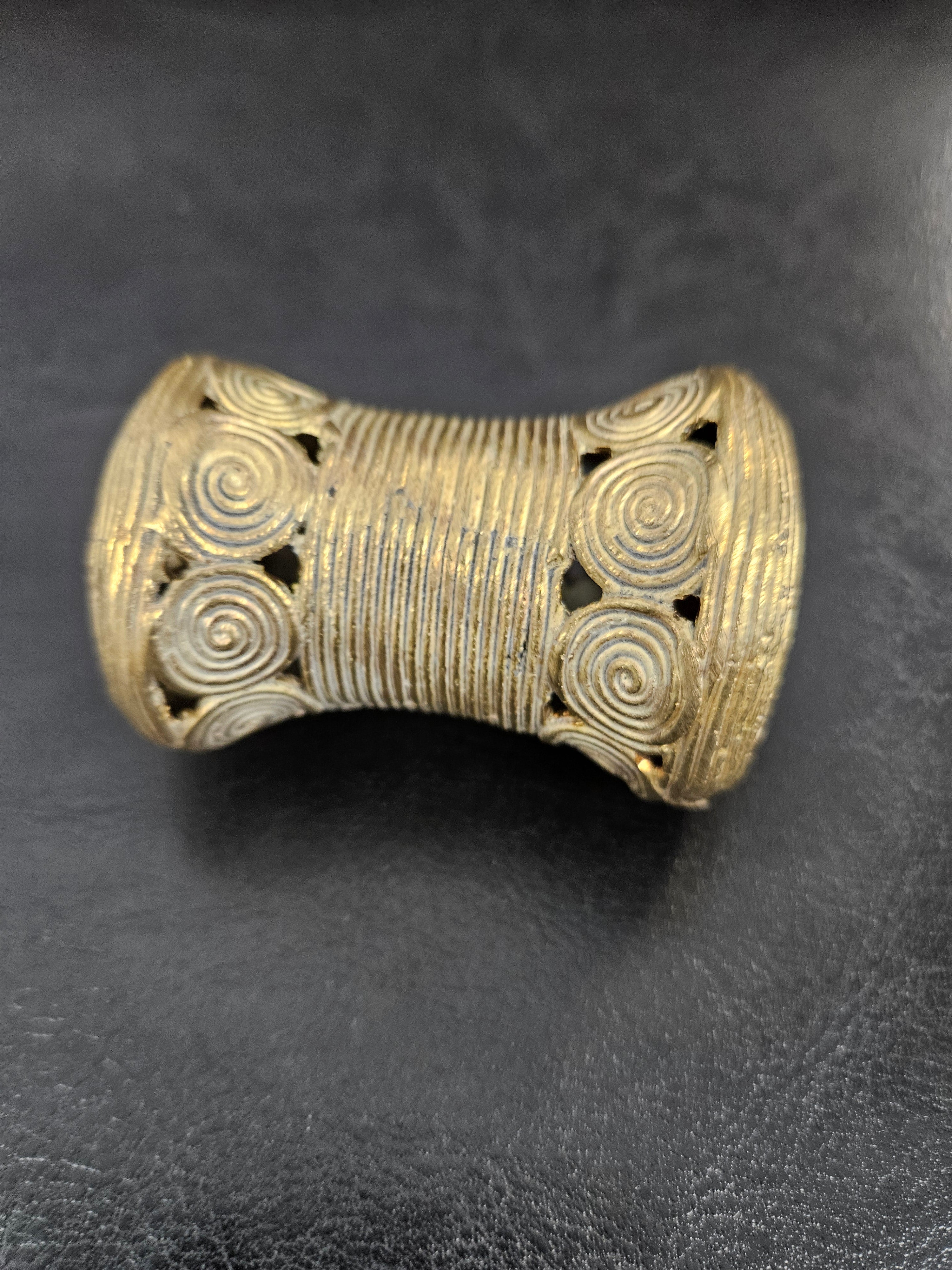 Oversized Ashanti Brass Talking Drum Bead — Spiral Medallion Openwork
