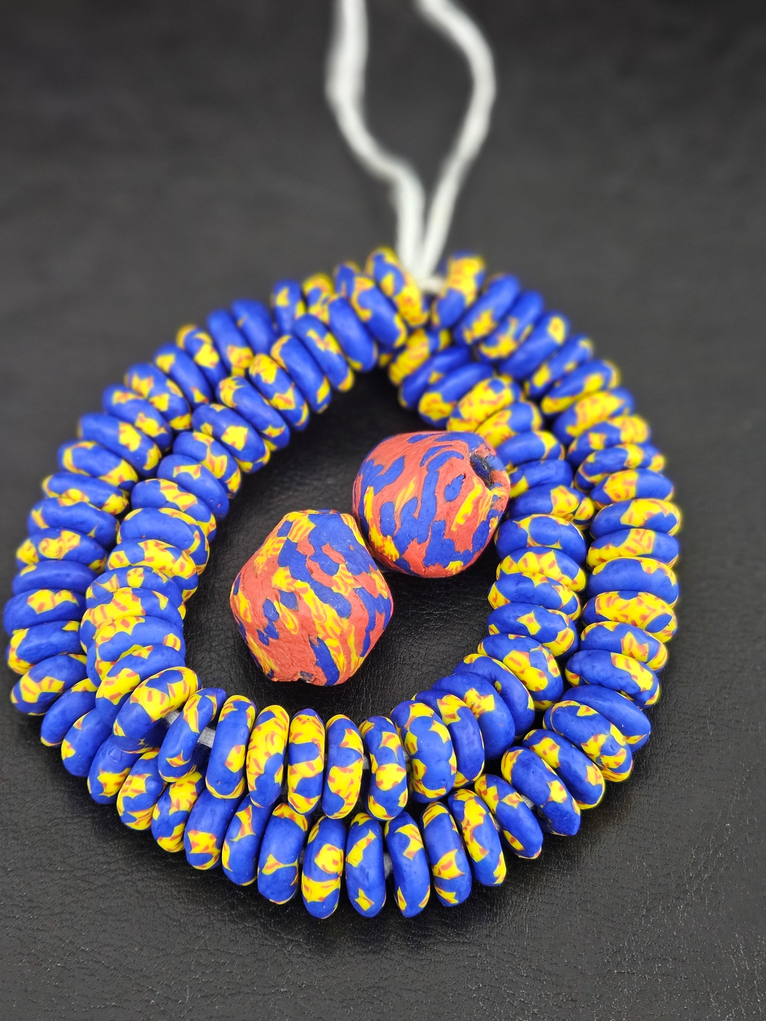 Blue African Beads Bundle – Krobo Glass Rondelles + Bicone Focal Beads