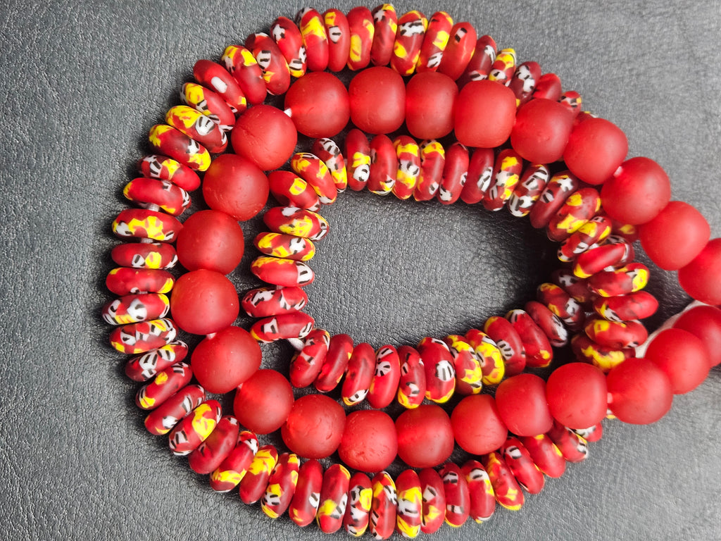 Red African Glass Bead Bundle: Hand-Painted Krobo Rondelle & Round Pocket Glass Beads from Ghana