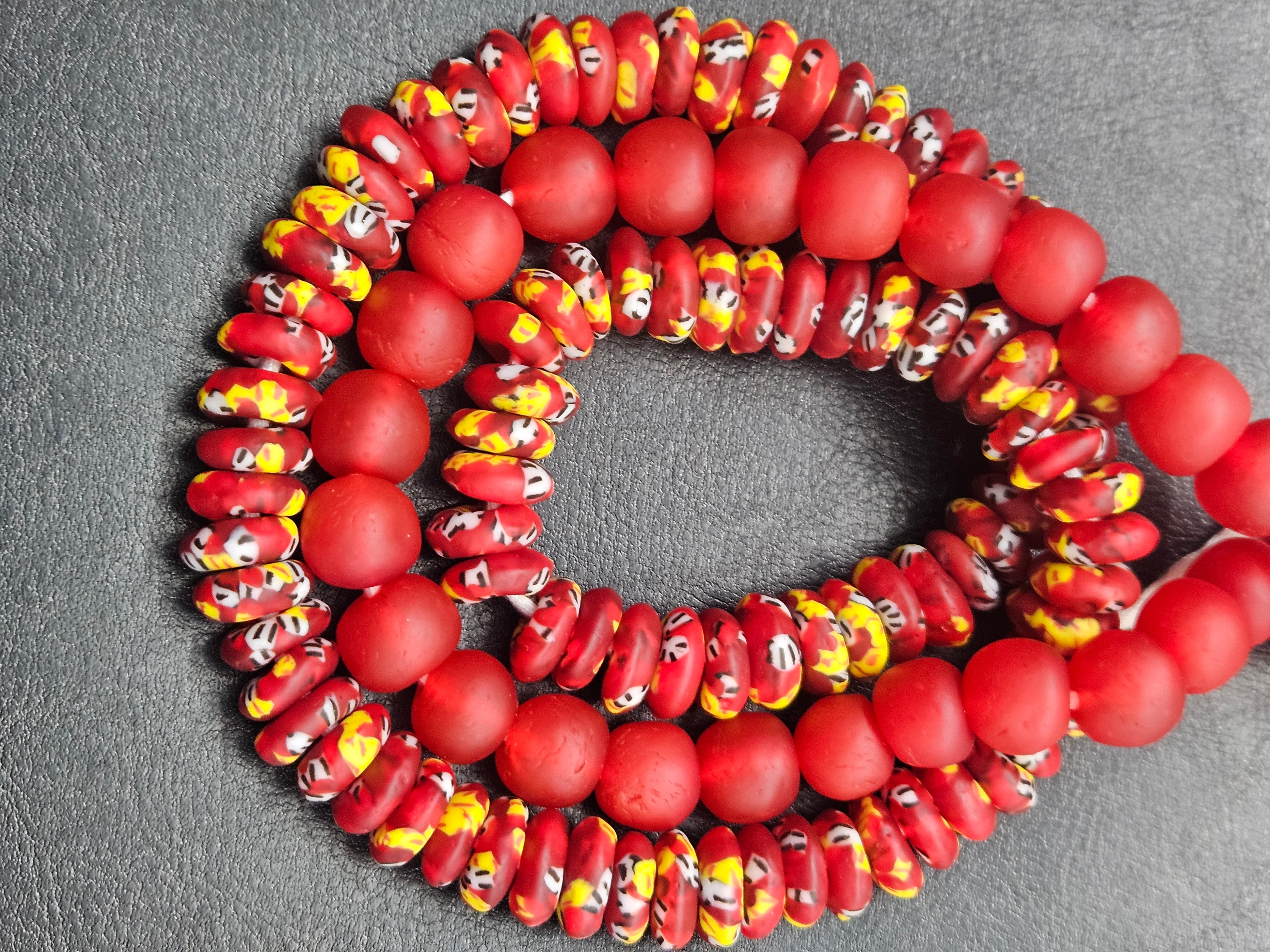 Red African Glass Bead Bundle: Hand-Painted Krobo Rondelle & Round Pocket Glass Beads from Ghana