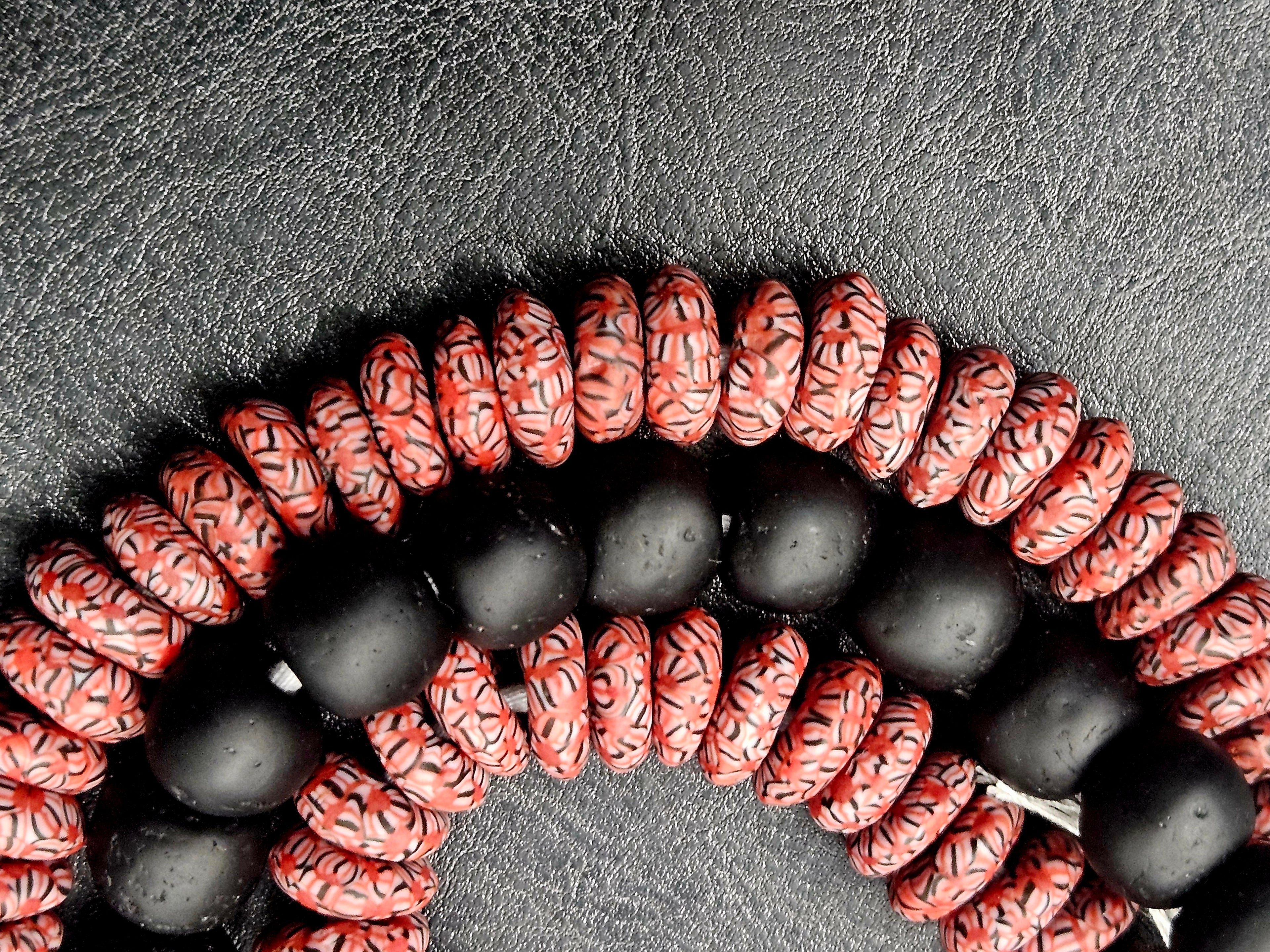 AADAMPO Curator Bundle™ | Coral Hand-Painted Krobo Rondelle Glass Beads & Matte Black Pocket Glass Beads | Handmade in Ghana