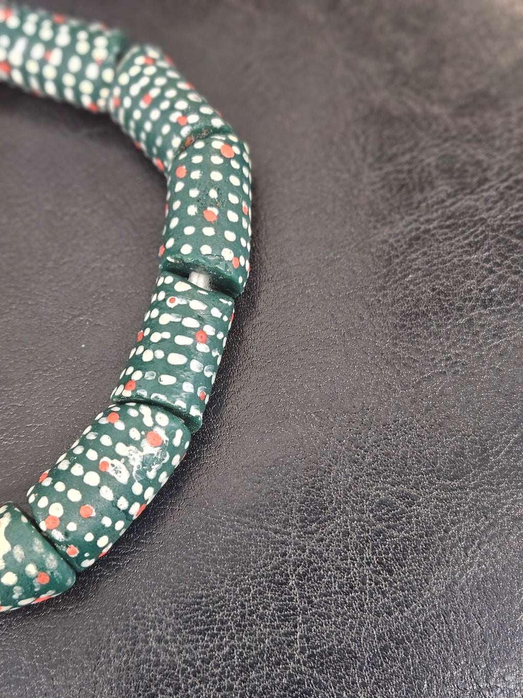 Painted Krobo Glass Beads | Green Red & White Polka Dot Long Tube Beads | Handcrafted Ghana Recycled Glass Beads