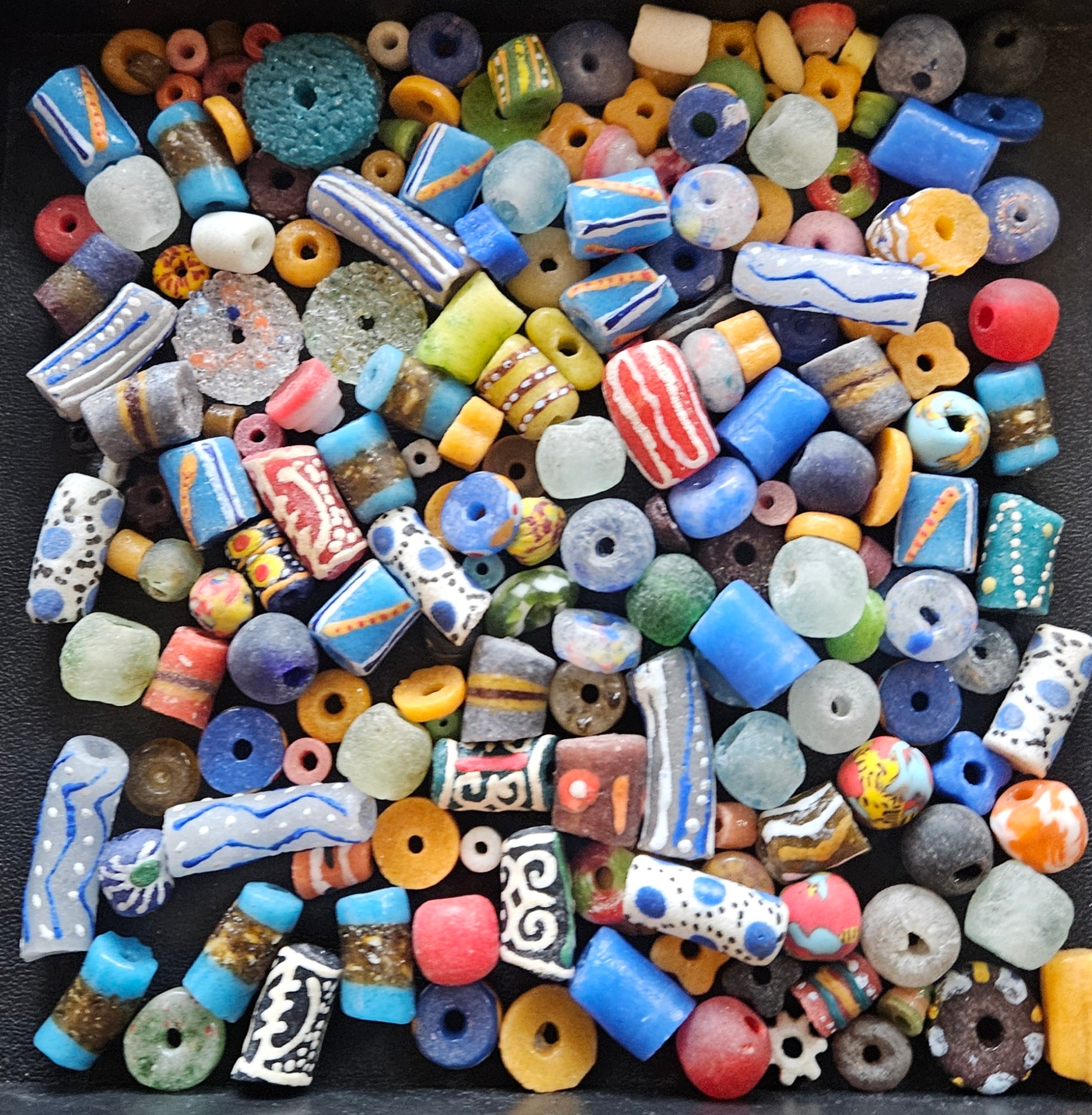 African Krobo Recycled Glass Beads Mix (Indigo + Sky Blue) — 1 Cup, 160+ Handmade Ghana Beads, 1lb | ABM252