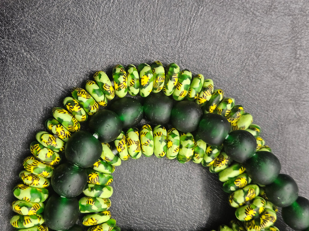 Lime Green Hand-Painted Krobo Rondelle Glass Beads & Emerald Green Pocket Glass Beads | Handmade in Ghana