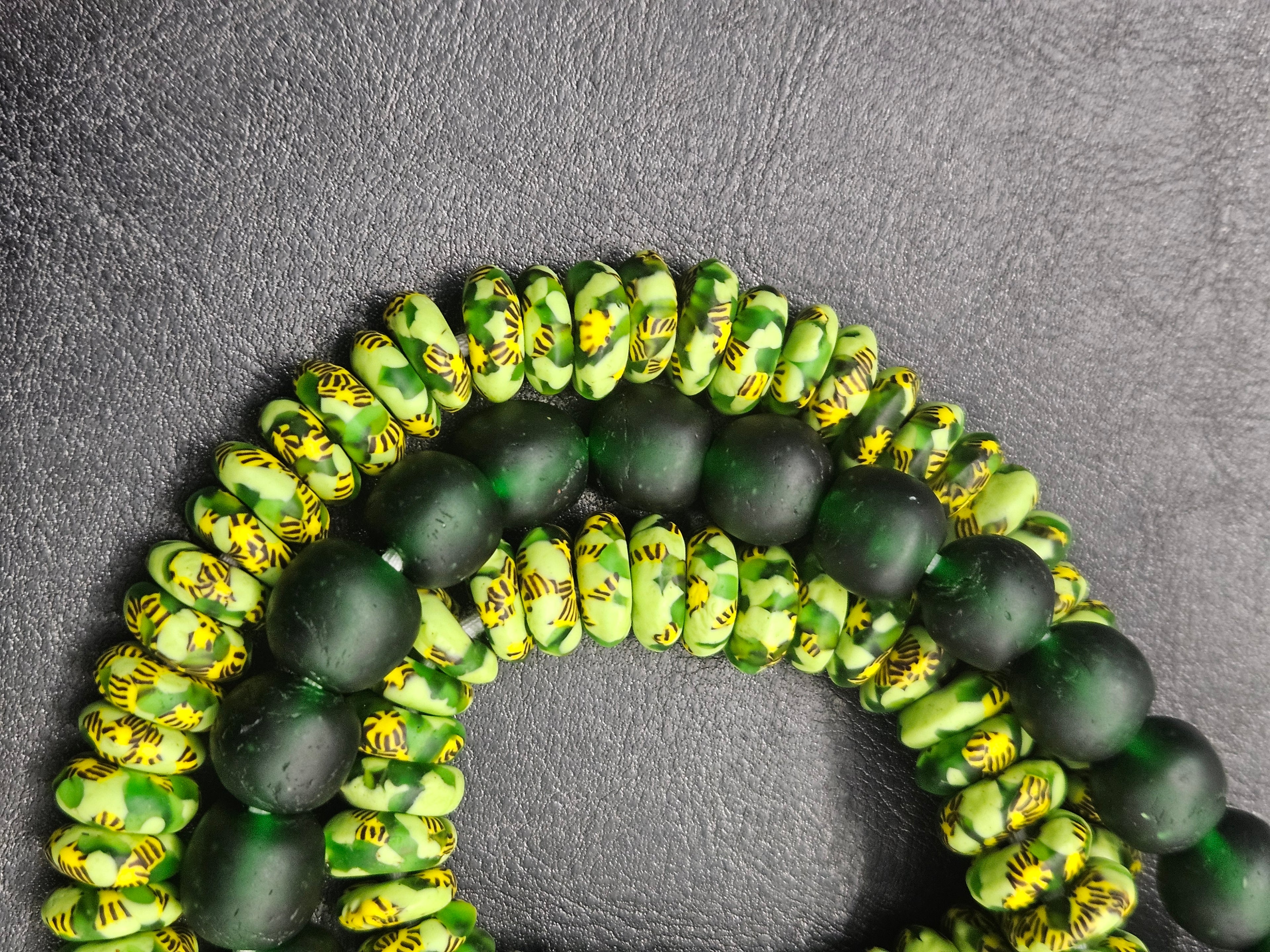Lime Green Hand-Painted Krobo Rondelle Glass Beads & Emerald Green Pocket Glass Beads | Handmade in Ghana
