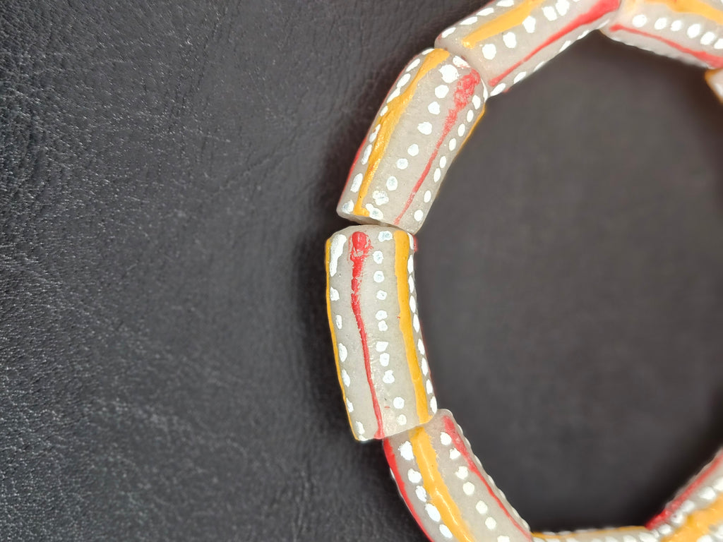 Krobo Painted Glass Tube Beads – Soft Ivory Gray with Golden Yellow & Coral Red Stripes