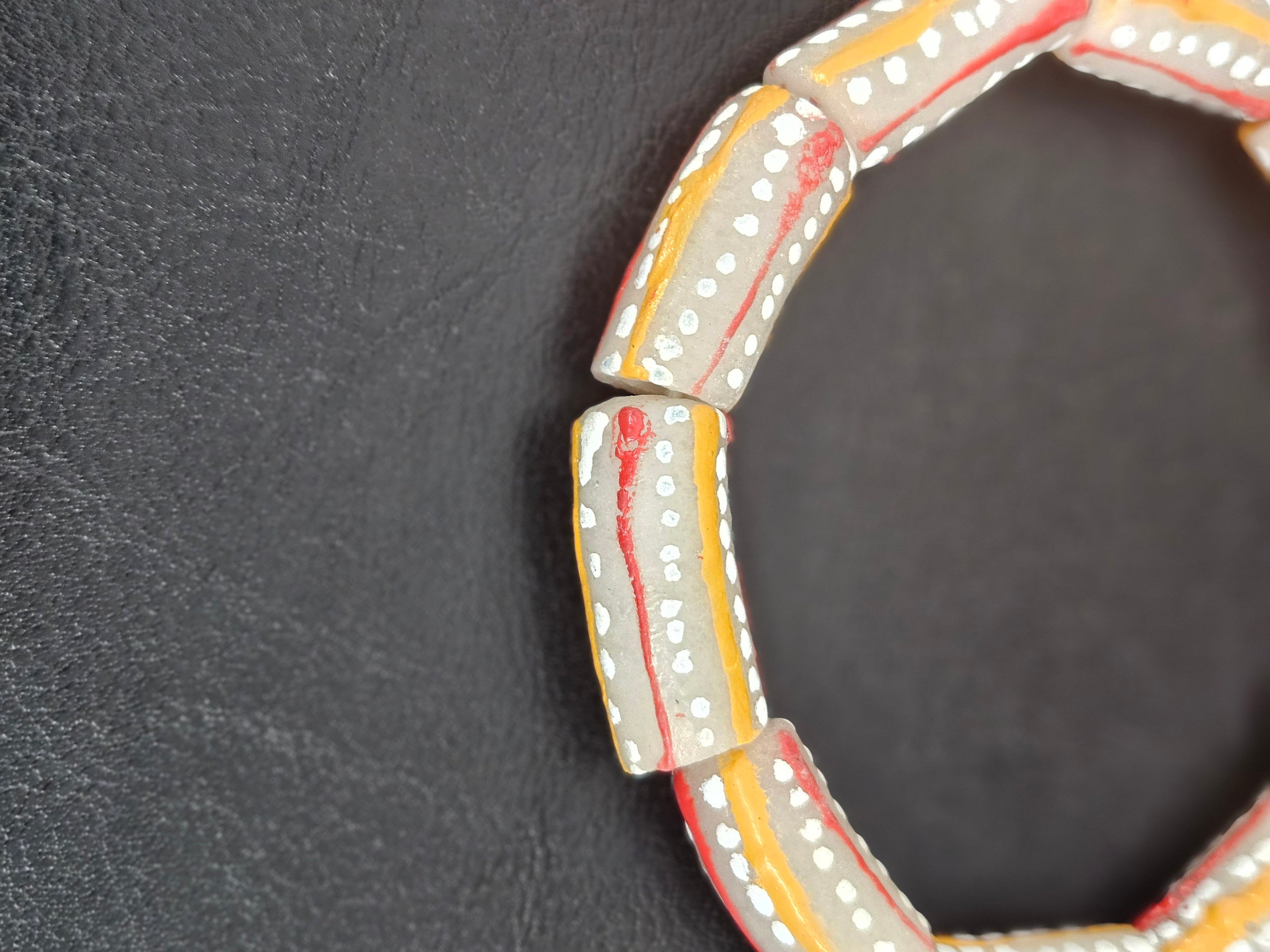Krobo Painted Glass Tube Beads – Soft Ivory Gray with Golden Yellow & Coral Red Stripes