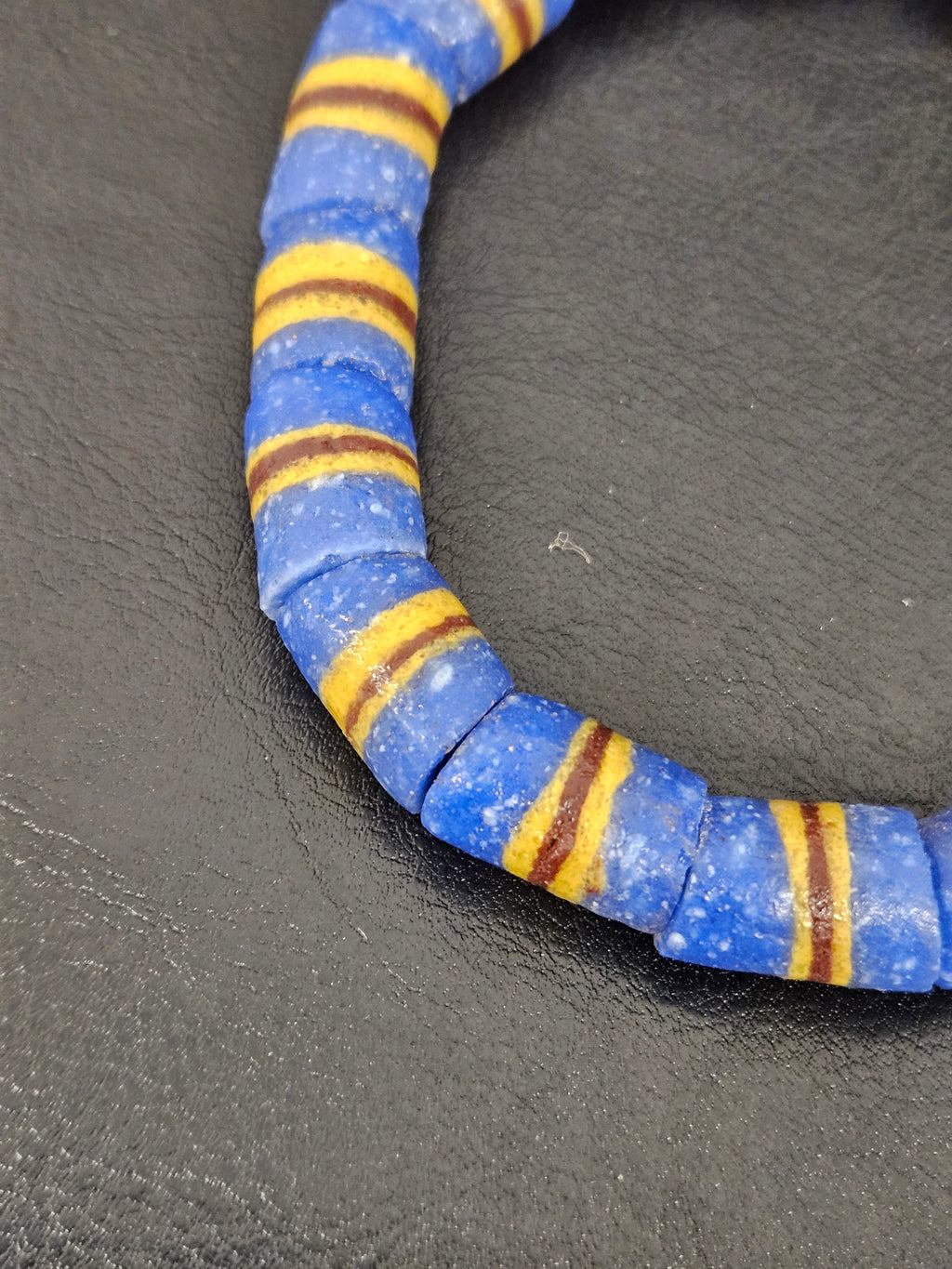 Blue Striped Krobo Kente Glass Beads | Handcrafted Powdered Glass Beads from Ghana | Approx. 17 Beads