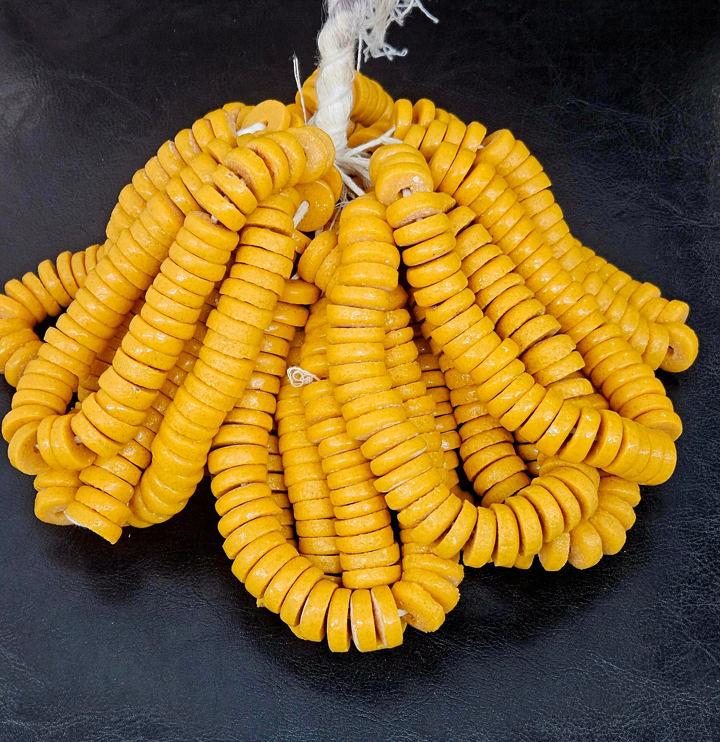 Golden Yellow Krobo Powdered Glass Disc Beads | Handmade Recycled Glass Beads from Ghana | Approx. 42 Beads per Strand