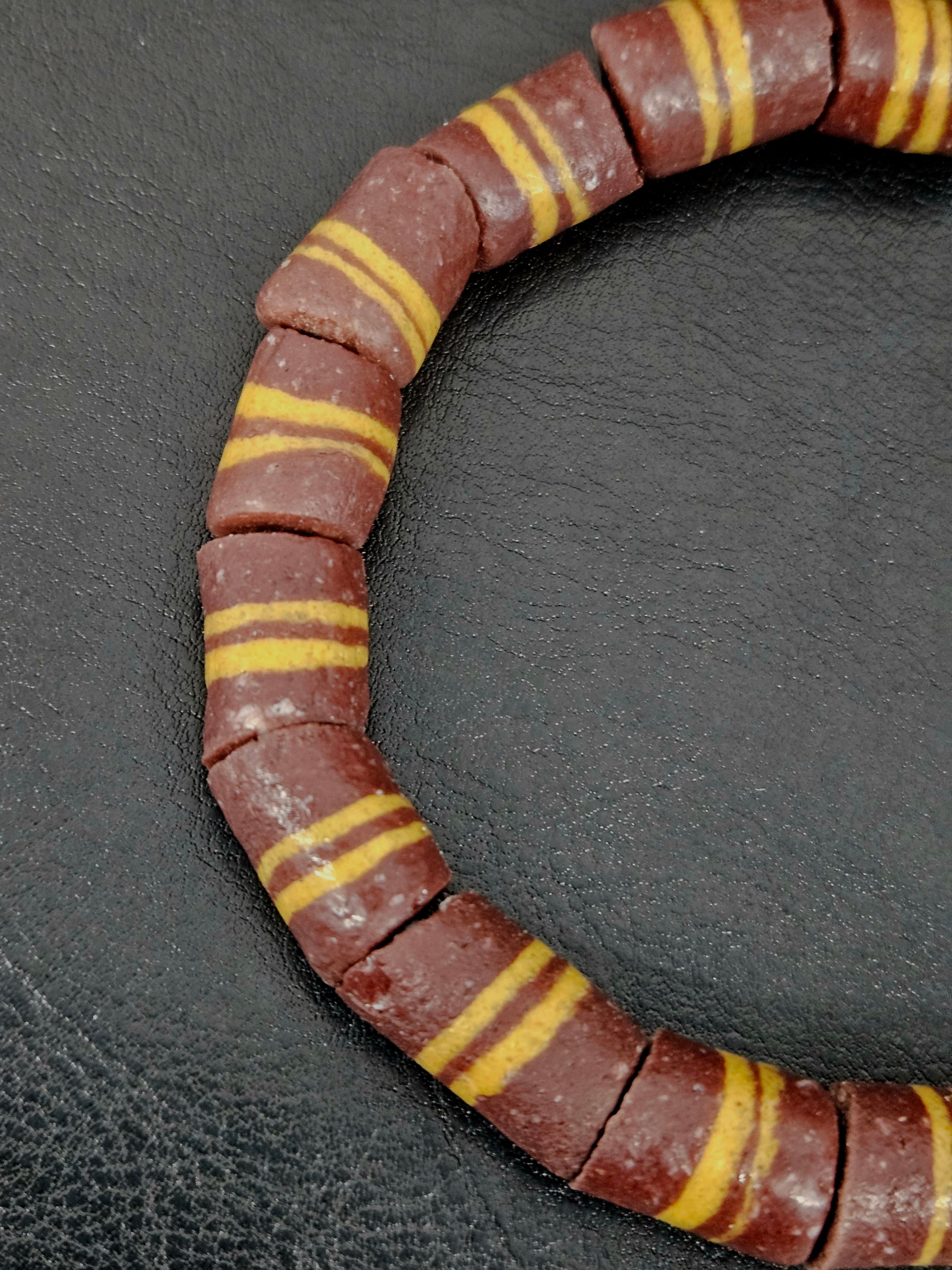 Brown Striped Krobo Kente Glass Beads | Handcrafted Powdered Glass Beads from Ghana | Approx. 17 Beads