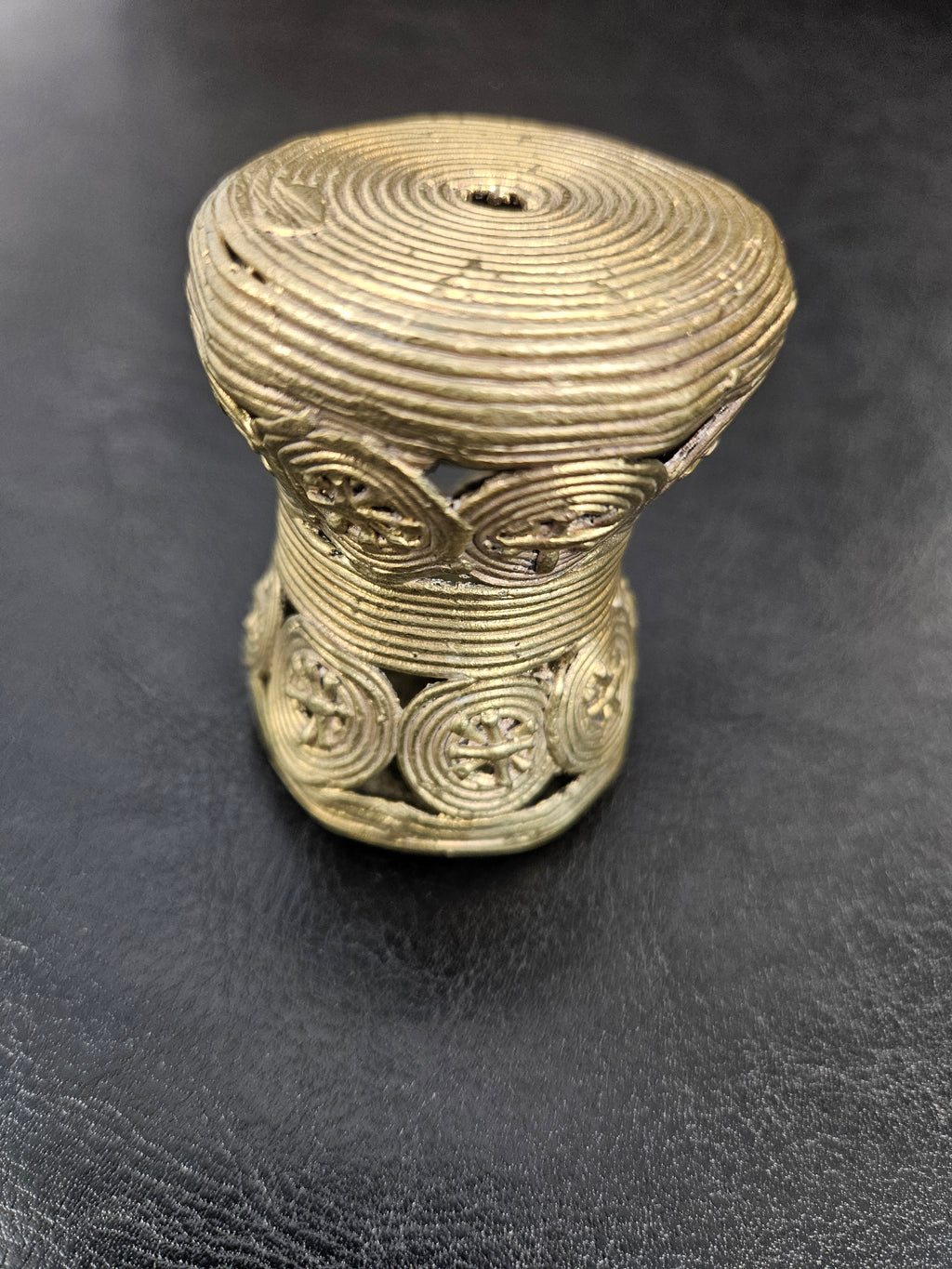 Oversized Ashanti Brass Talking Drum Pendant — Circular Openwork Design