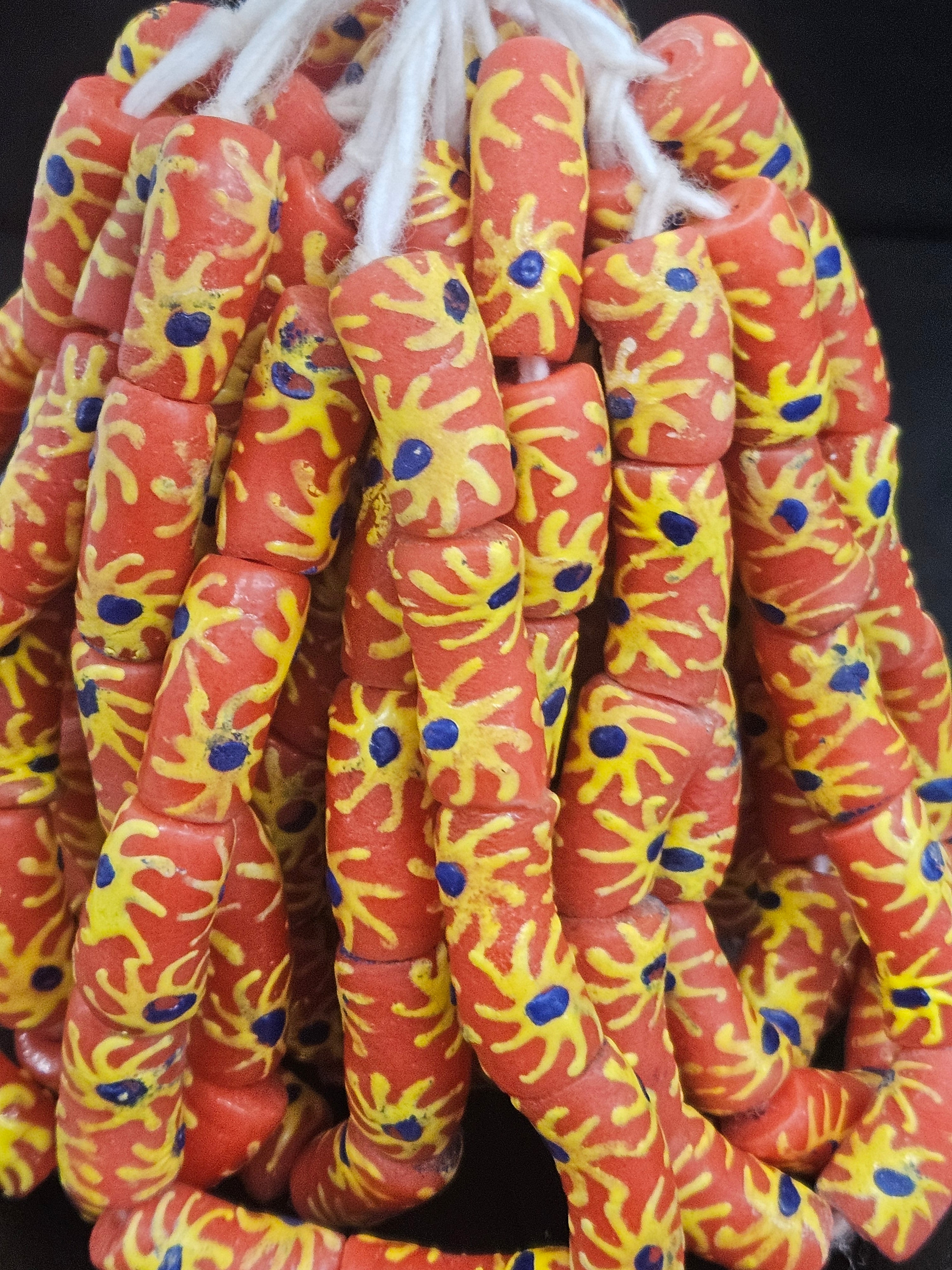 Krobo Painted Glass Tube Beads | Terracotta Coral, Golden Yellow & Royal Blue | Handmade Recycled Glass Beads from Ghana