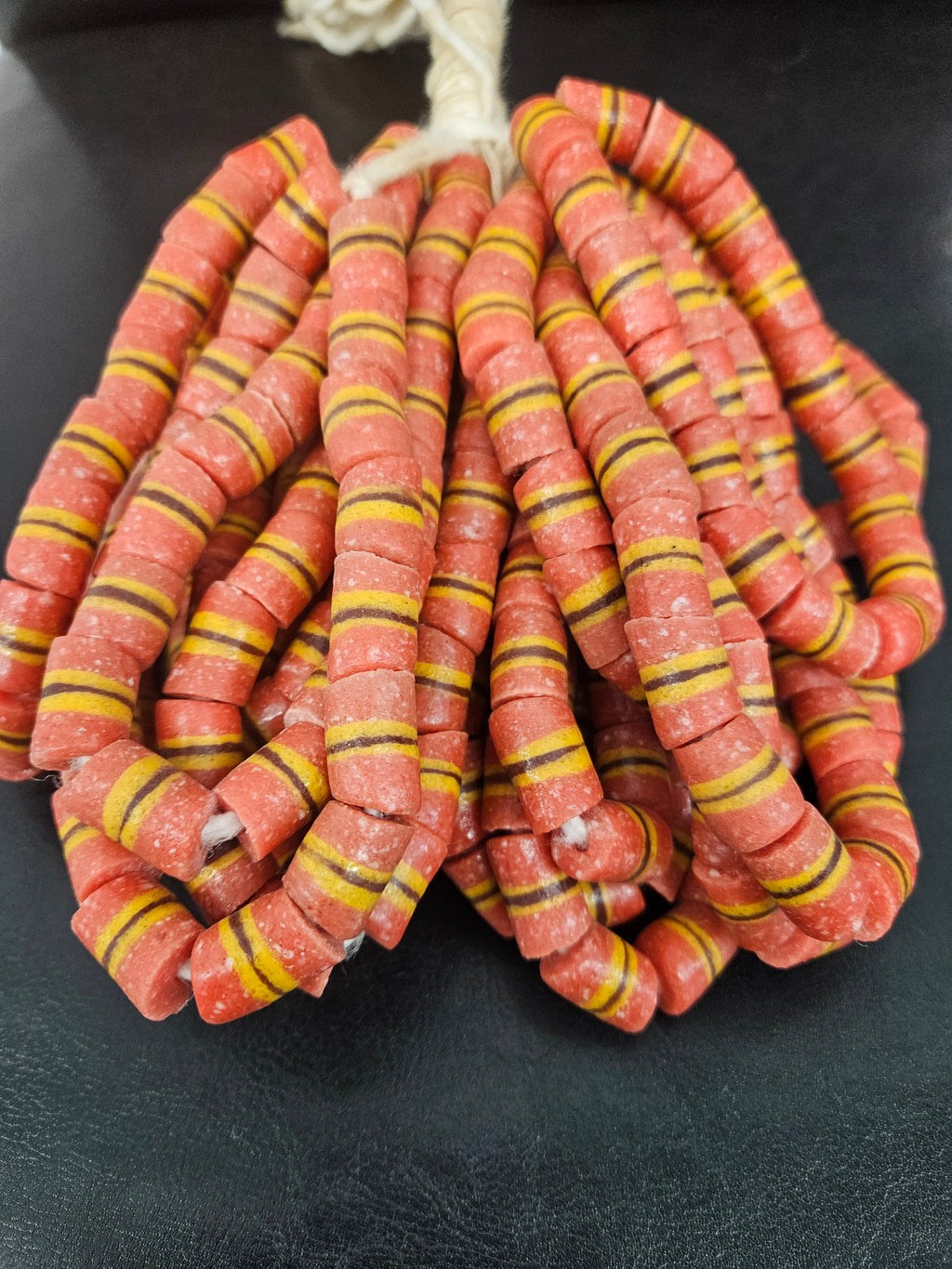 Red Striped Krobo Kente Glass Beads | Handcrafted Powdered Glass Beads from Ghana | Approx. 17 Beads